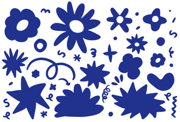 Set of abstract retro shapes. Vector sticker pack. Collection of contemporary forms, funny flower, bubble, star, loop in trendy 70s, 90s groovy style. Matisse inspired. Paper cut, blue & white