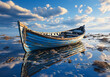 Old wooden boat on the beach with reflections in the water. AI generated
