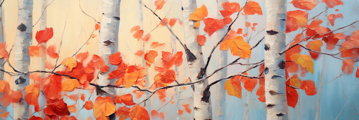 Wall Mural - Digital oil painting of birch forest, close-up. Autumn landscape. Impasto, printable horizontal artwork