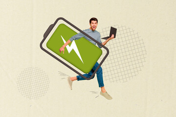 Aufkleber - artwork collage image of excited mini guy arm hold huge battery charge level indicator use laptop is