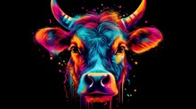 Psychedelic Portrait Art Of A Cow Black Background.Generative AI