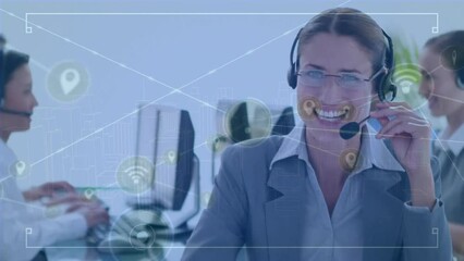 Poster - Animation of connected icons, smiling caucasian female call center agent guiding customer