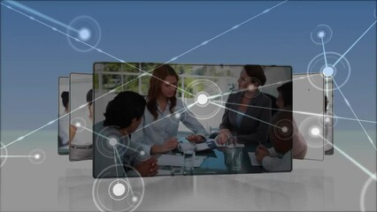 Canvas Print - Animation of dots connected with lines over diverse people discussing and working in office