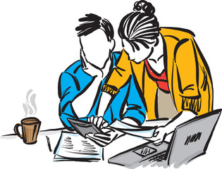 Wall Mural - couple man and woman paying bills concept working together with laptop computer vector illustration