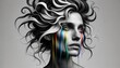 Emotions in monochrome. A vivid cascade of colored tears on a thoughtful visage