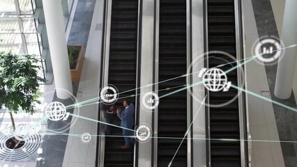 Sticker - Animation of network of connections with icons over diverse business people on escalator