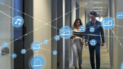 Poster - Animation of network of connections with icons over diverse business people in office