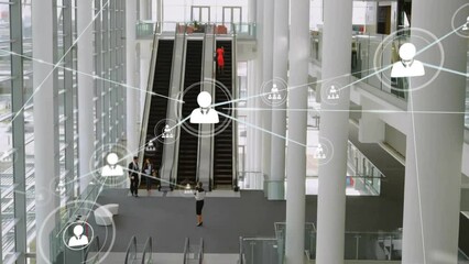 Poster - Animation of network of connections with icons over diverse business people on escalator