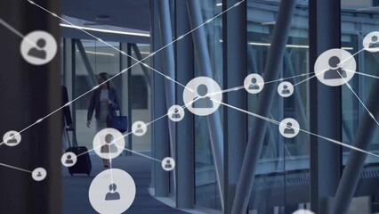 Poster - Animation of network of connections with icons over caucasian businesswoman in office