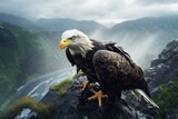 Fototapeta  - a bald eagle on a rock. Ai ilustration. digital painting. Generative AI Artificial Intelligence Artwork