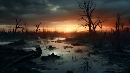 Wall Mural - Polluted Landscape, environmental disaster, polluted water, dead trees, devastated