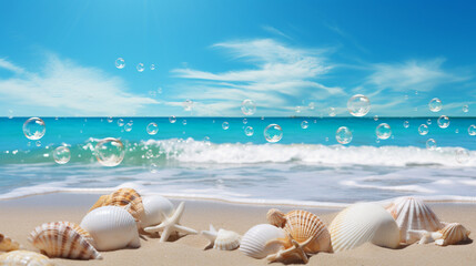 Wall Mural - A group of sea shells sitting on top of a sandy beach next to a blue ocean filled with lots of bubbles.