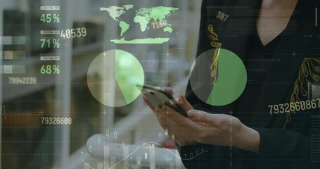 Poster - Animation of financial data processing over caucasian businesswoman using smartphone