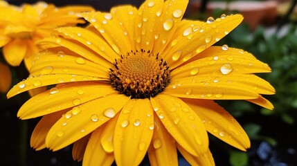 Wall Mural - Close up of a fresh, yellow daisy in nature wet beauty