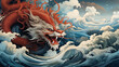 Chinese style traditional dragon illustration flying through the clouds. This dragon is famous in Chinese folklore and culture.