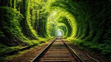 Long Tunnel With Railroad Tracks And Green Foliage, Ai Generative