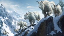 A Group Of Mountain Goats Precariously Navigating A Steep Snowy Cliff, Showcasing Their Impressive Climbing Abilities.