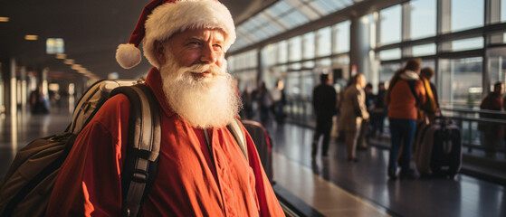 Portrait of senior man with long white beard wearing santa claus hat while standing in airport.