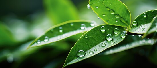 Wall Mural - Beautiful transparent raindrops on green leaves. shine in the sun. Natural background