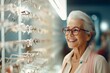 An elderly gray-haired woman chooses glasses in an optics store.