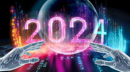 2024 new year illustration with robotic hands, concept of AI and future