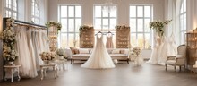 Elegant Wedding Dresses And Shoes With Bouquets Displayed In The Bridal Dressing Room