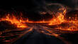 Intense 3D Render of Blazing Flames and a Fiery Road Over a Black Background - Powerful Abstract Concept Illustrating Heat and Dynamic Energy in Motion.