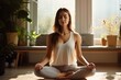 Front view full body portrait of a relaxed woman doing yoga exercise at home