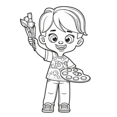 Poster - Cute cartoon boy holding the palette with paints and brushes in hands outlined for coloring page on a white background