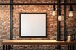 Front view blank black menu frame on brick wall with lamp in loft café interior, mockup 3d rendering 3d render