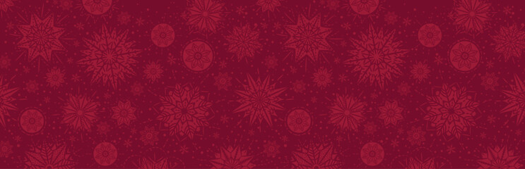 Wall Mural - Red christmas banner with snowflakes. Merry Christmas and Happy New Year greeting banner. Horizontal new year background, headers, posters, cards, website. Vector illustration