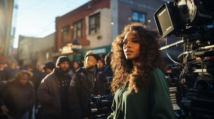photo of a young female african american filmmaker directing her peers in an urban setting, showcasi