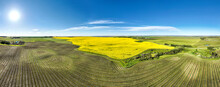 Aerial Panorama Of A Golden Canola Field Surrounded By Harvest Lines Of A Cut Grain Field With Blue Sky And A Sun Burst; Northeast Of Calgary, Alberta, Canada