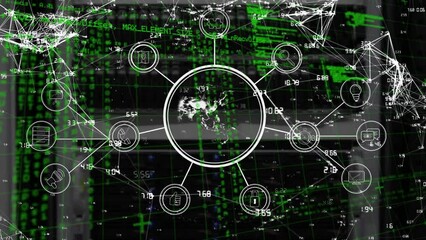 Poster - Animation of flowchart, globe, connected dots with computer language over black background