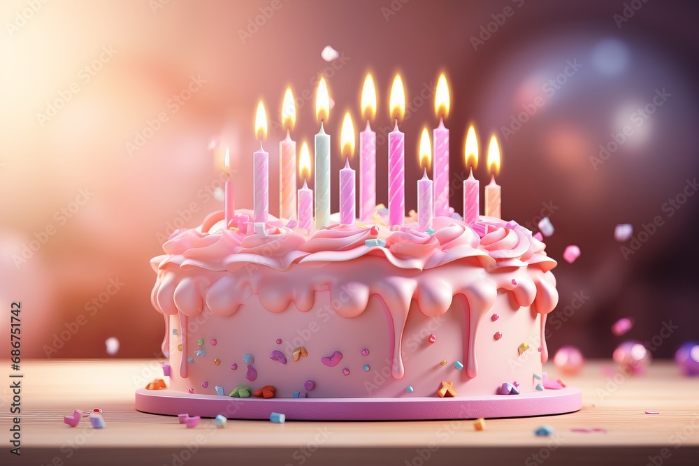 In a lovely setting, a birthday cake with pink hues and lit candles ...