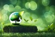 concept save the world save environment the world is in the grass of the green bokeh background-