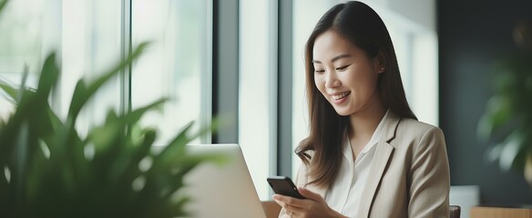 Wall Mural - Happy asian business woman holding phone using cellphone in office. Smiling professional businesswoman executive using smartphone cell mobile apps on cellphone working sitting at desk. generative AI