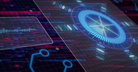 Poster - Animation of loading circles, circuit board pattern, soundwave over abstract pattern