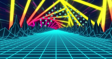 Wall Mural - animation of 3d model of mountains on grid pattern over multicolored tunnel