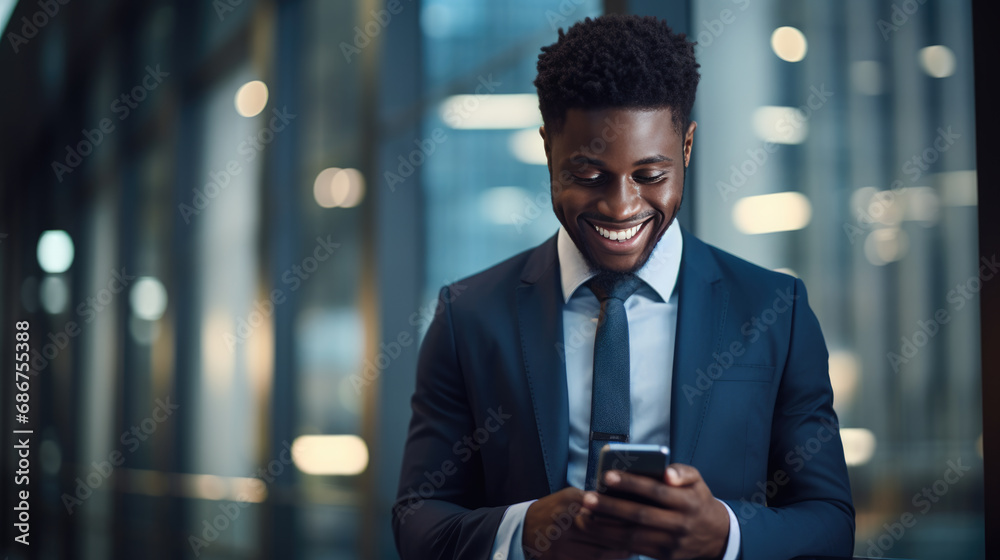 Smiling man in a business suit is looking at his smartphone, standing ...