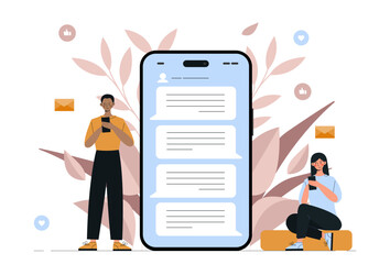 Poster - online communication concept. man and woman with messages near smartphone. interaction in social med