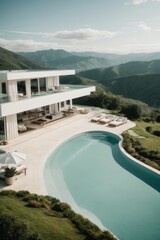 Poster - A beautiful resort, a private house with a swimming pool in white in a picturesque beautiful nature with high mountains and forests against the sky. Travel, vacation, summer concepts.