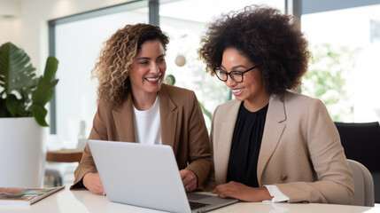 Two female coworkers discuss company business matters near a laptop in the office