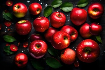 Sticker - **red apples with leaves, closeup with top view, red apple pattems, top view of bright ripe fragrant red apples with watar drops as background--