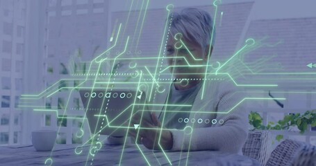 Poster - Animation of loading circles, arrows, circuit board pattern, biracial female researcher using tablet