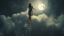 A woman climbing a ladder to the clouds trying to reach the moon. Achieving a goal, chasing a dream, reaching far, aiming high