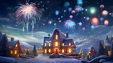 Christmas And New Year Holidays Background. Beautiful Winter Landscape With A Christmas Tree, Houses And Fireworks.