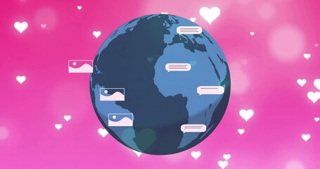 Poster - Animation of message boxes, pictures and falling heart shape with globe over pink background