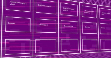 Poster - Animation of texts and pictures in rectangle with falling binary codes over purple background