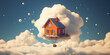 Flying house, Illustration flying house on the cloud with blue sky, A yellow house in the clouds, Generative AI
